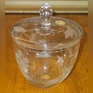 Vintage Roumanian Etched Floral Sugar Dish with Lid